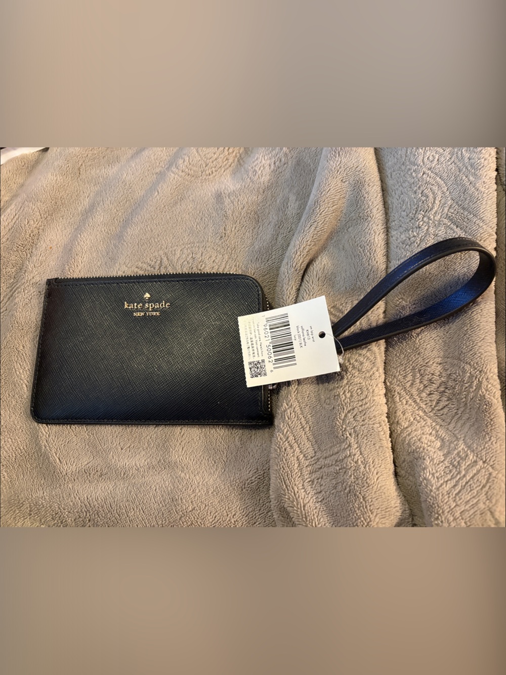 kate spade black Saffiano Zip Wristlet with Gold Logo